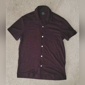 Alfani Dark Burgundy Maroon Casual Button Down Shirt Slub Pique Short Sleeve